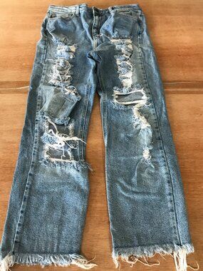 Cello Straight Leg Jeans Women 7 Blue High Rise Distressed Raw Hem Medium Wash